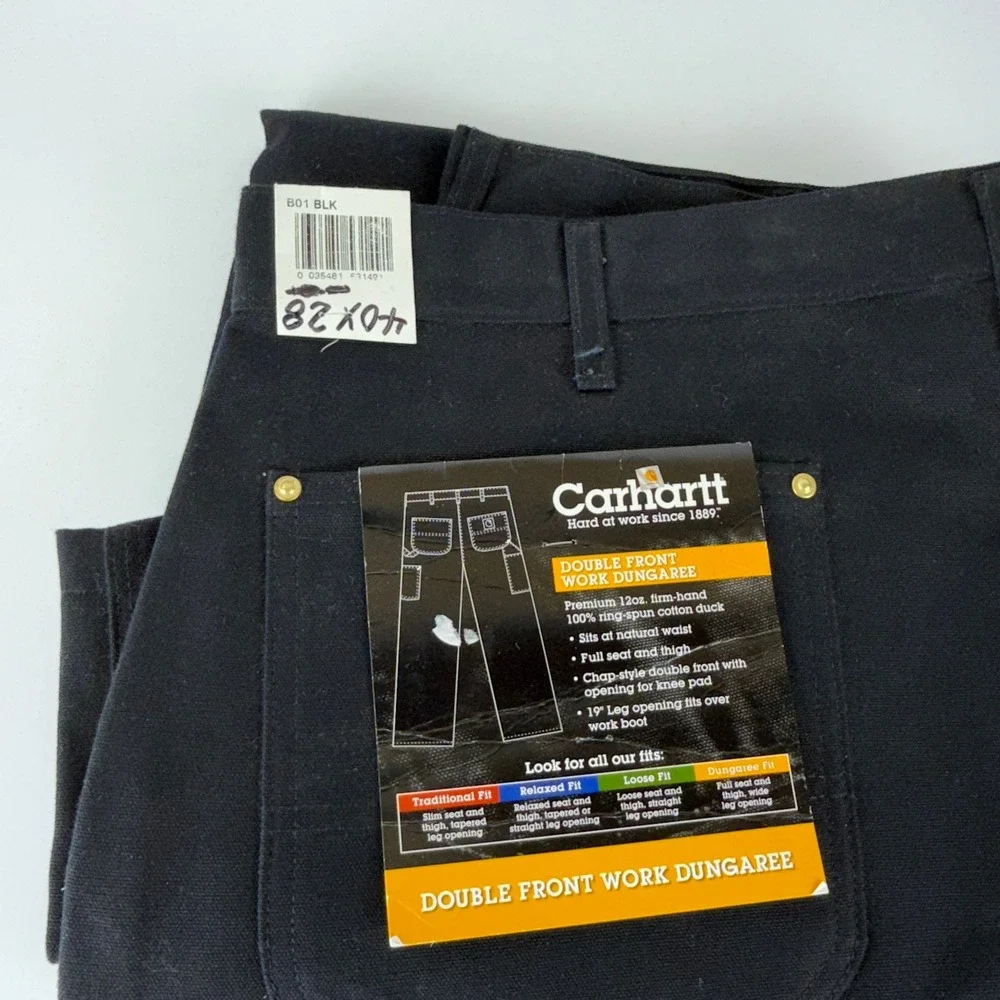 Carhartt B01 BLK Double Front Work Dungaree Pants Black 40x28 USA NWT - Picture 2 of 11